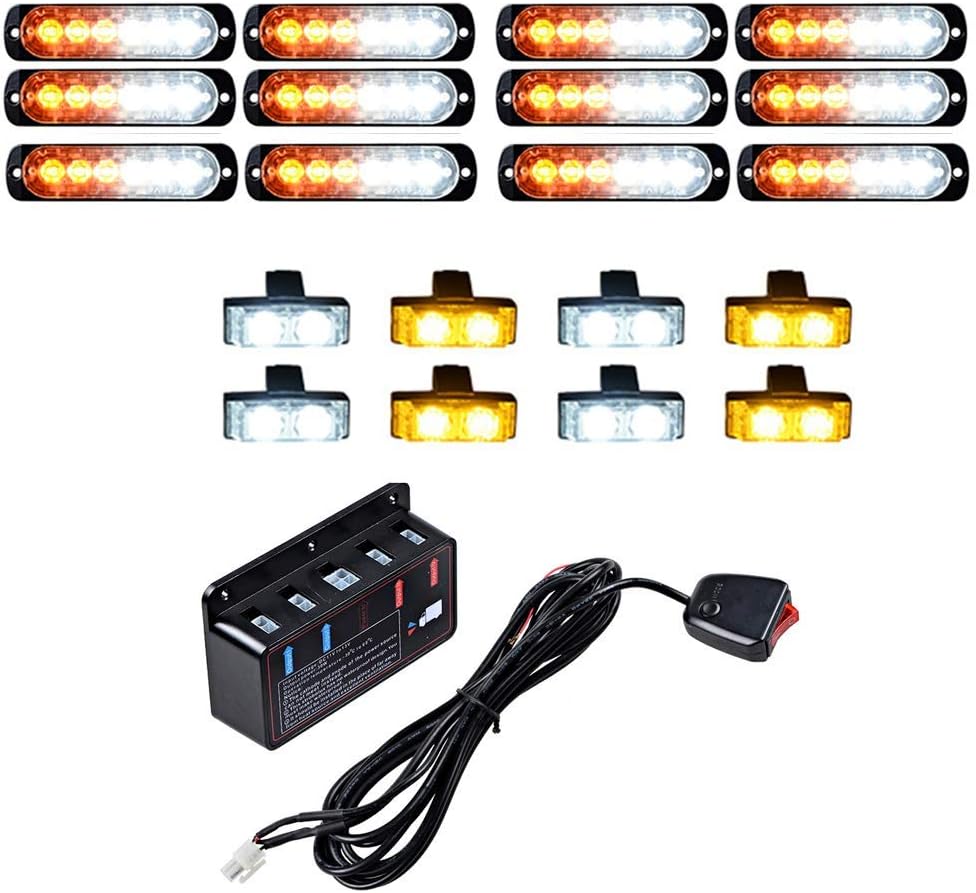 12PCS Ultra Slim 6-LED 18W Emergency Hazard Caution Surface Mount Strobe Light & 8pcs Car Truck Grille Deck Dash Flashing Light - Amber White
