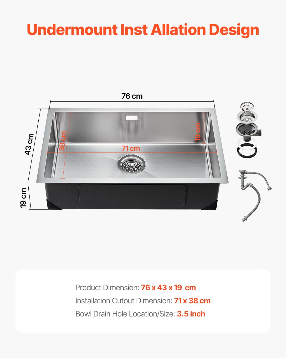 VEVOR Fregadero de Cocina bajo Encimera Acero Inoxidable 304, Lavabo de Granja de Un Solo Tazón con Accesorios, Fregaderos de Lavavajillas Domésticos para RV, Cocina de Preparación, 760 x 430 x 190 mm