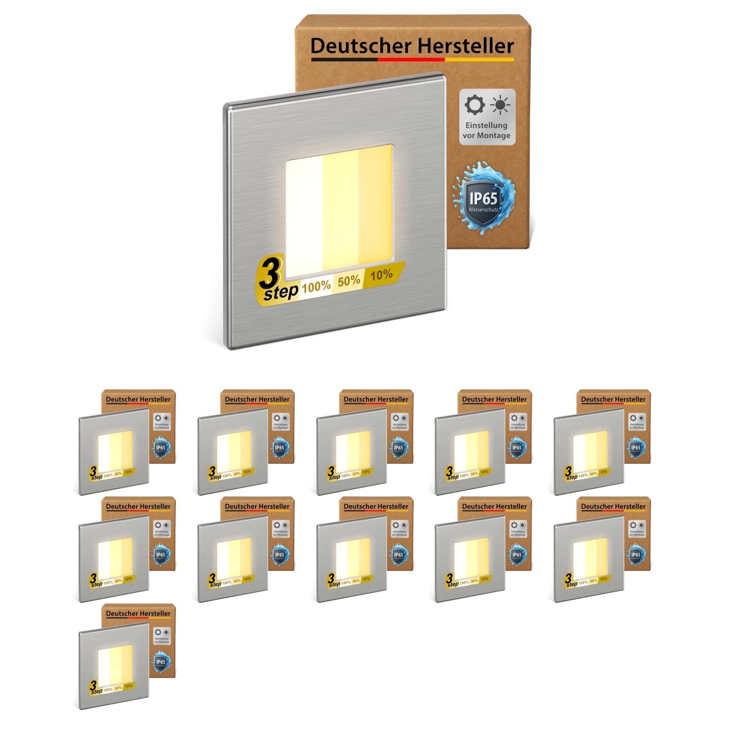 ledscom.de 12x LED Treppenlicht/Wandeinbauleuchte FEMA für innen und außen, eckig, edelstahl, 80 x 80mm, warmweiß