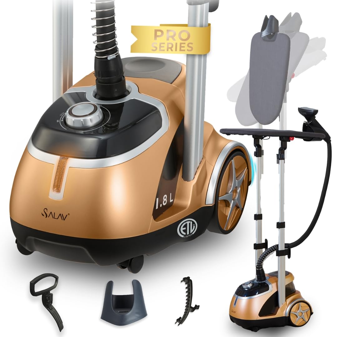 Vaporizador de prendas profesional SALAV con tabla de planchar incorporada, 1500 W de vapor continuo, 4 configuraciones de vapor, acabado cromado, placa de vapor de acero inoxidable, tanque extraíble de 1,8 L, ruedas para facilitar su movimiento