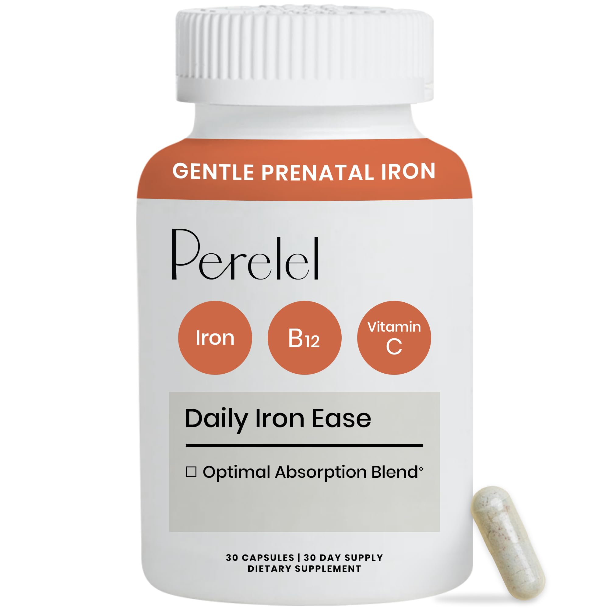 Perelel Daily Iron Ease 15mg Iron Supplement with Vitamin C & B12