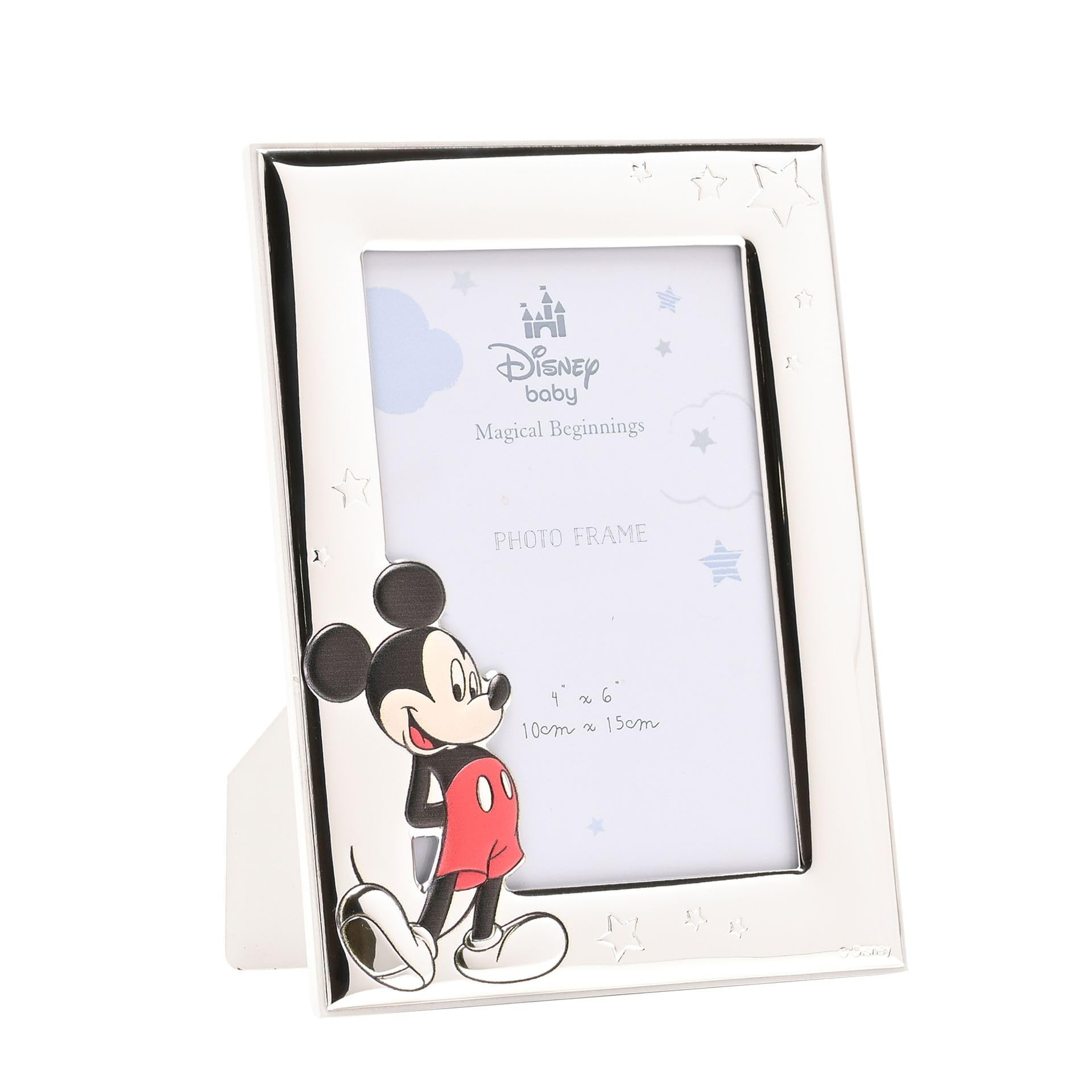 Disney – Mickey Mouse – Real Silver-Plated 4 x 6″ Single Aperture Photo Frame – Made in Italy – Officially Licensed Disney Merchandise – Self-Standing Wood Back - Early Years, Adults, Nursery, Kids.