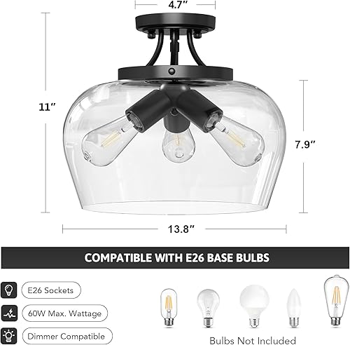 Miniatura 5 de VONLUCE Lámpara de techo semiempotrada, lámpara de techo de 13.8 pulgadas con pantalla de vidrio transparente, base E26, accesorio de iluminación