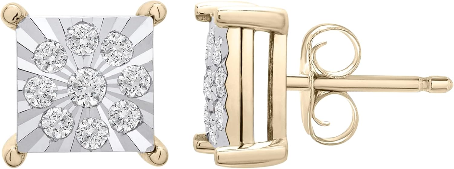 Timeless Love Diamond Cluster Miracle Plate Stud Earrings for Men Set in Yellow Gold over Sterling Silver or Sterling Silver, 0.32"X0.31" Earrings with 1/4 CTTW Round Diamond, Men’s Jewelry Gifts