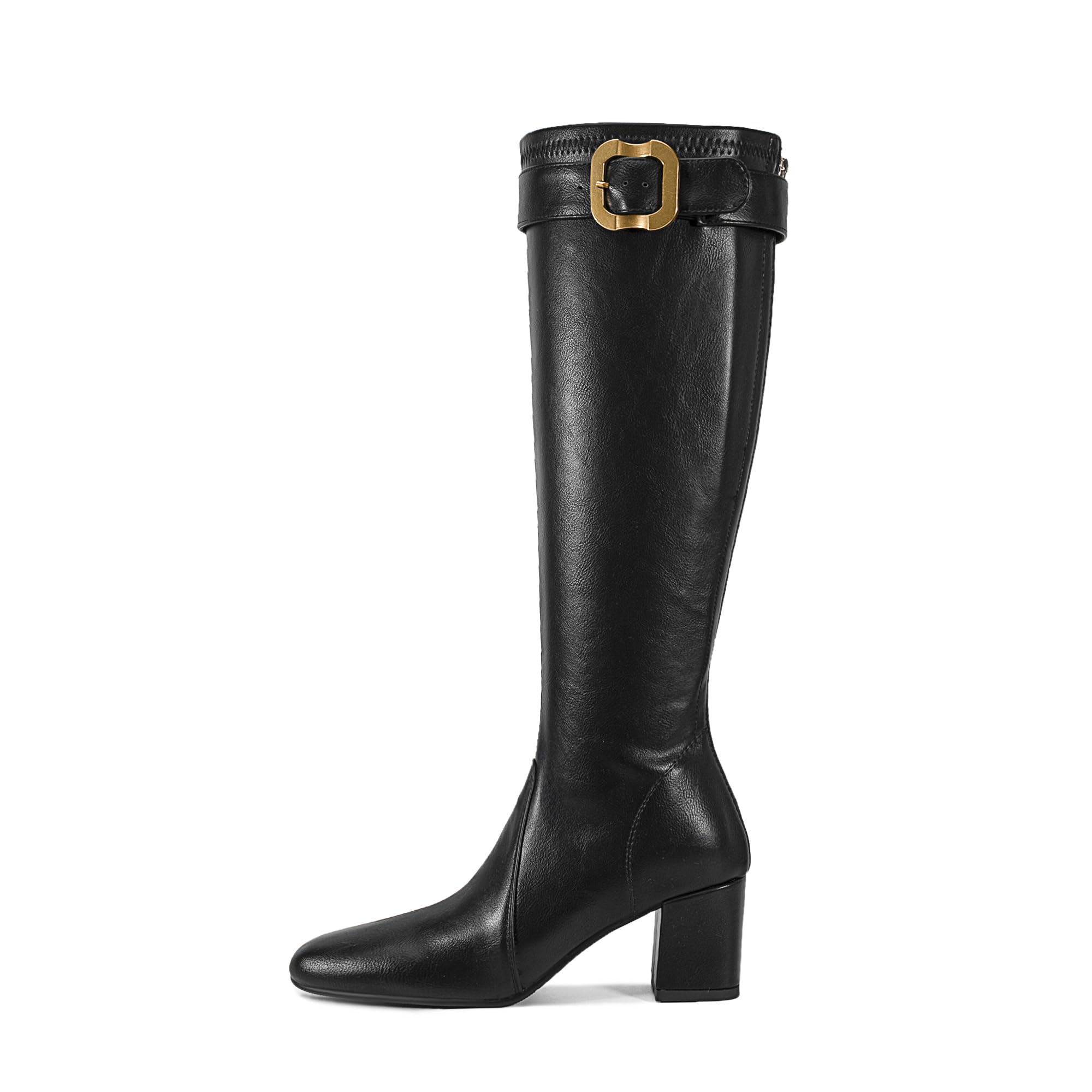 Chunky heel black mid-heel brown knee high boots for women square Toe back zipper Womens Belt buckle stretch