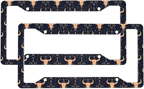 2 Pcs Car License Plate Frames for Women Men - Aluminum Solid Vintage Sheep Skull Blue Print License Plate Cover for Car Accessories for Women Men