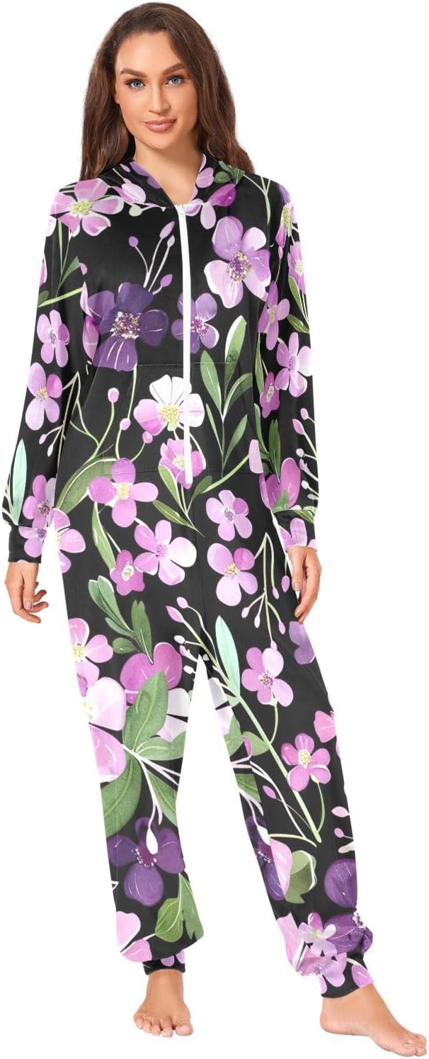 GAIREG Elegant Floral Purple Hooded One-Piece Pajamas, Warm Onesie for Unisex Adult