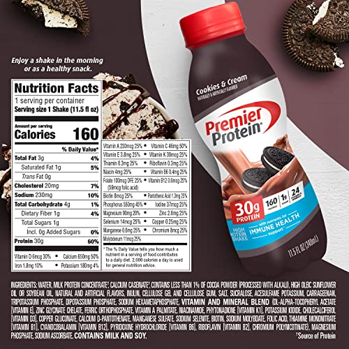 Premier Protein Shake, Cookies & Cream, 30G Protein, 1G Sugar, 24 Vitamins & Minerals, Nutrients To Support Immune Health 11.5 Fl Oz (12 Pack) #TOP4