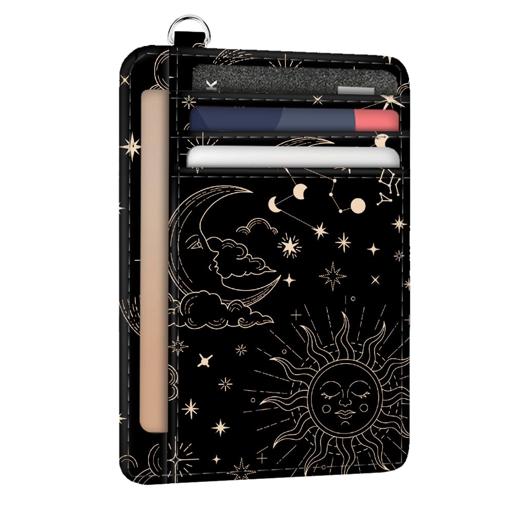 peacoblue RFID Blocking Credit Card Holder for Women - Sun and Starry Sky PU Leather Slim Wallet with ID Window, 6 Card Slots, and Cash Pocket -