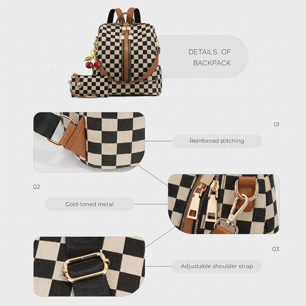 Lushandy Checkered Backpack Purse for Women, Brown Canvas Backpack Purse with Wallet Cherry Mom Everyday Backpacks for Work - Image 5