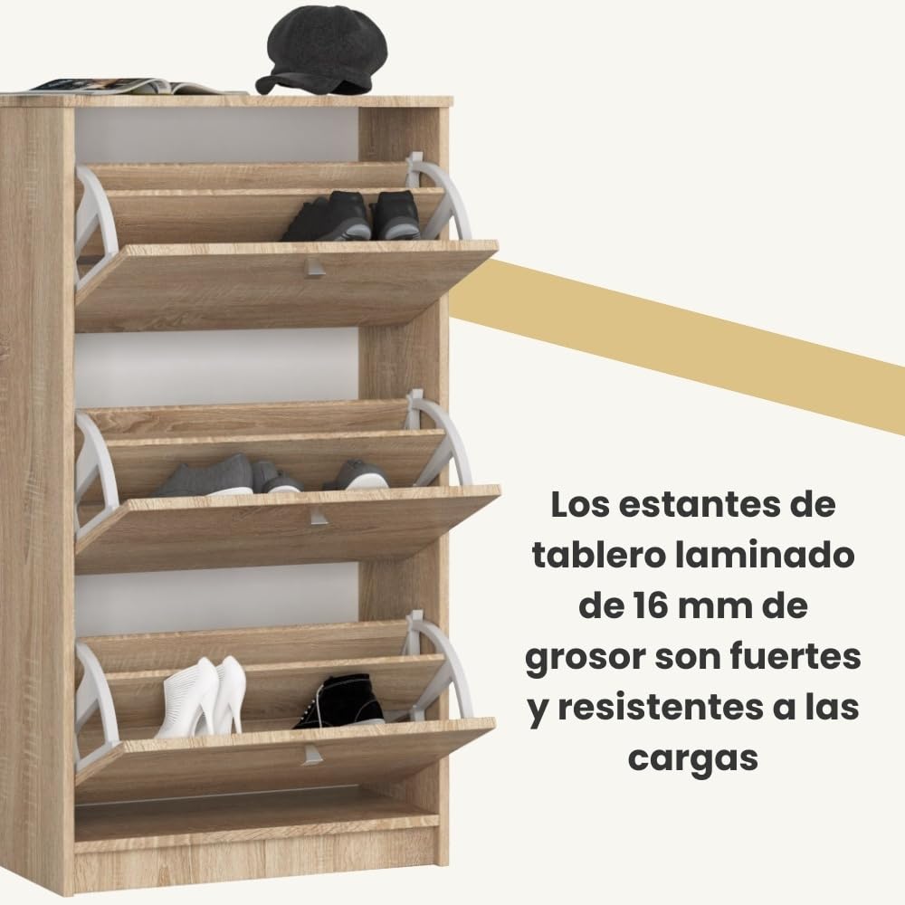 Zapatero con 3 compartimentos AKORD Roble Sonoma 60 cm 3 puertas basculantes frente en color Roble Sonoma 60x28,5x113 cm