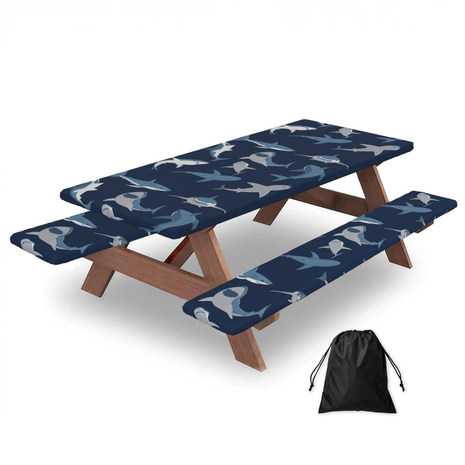 Zyjhyy Black Blue Cartoon Shark Print Party Table Covers With Bench Covers Set Of 3 Picnic Table Cloth Wipe Clean For Garden Camping