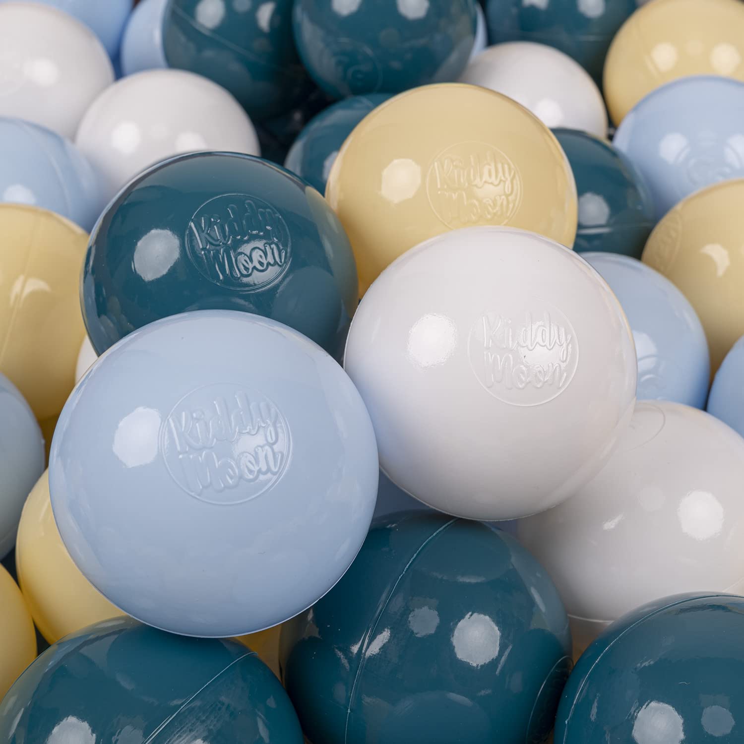 KiddyMoon Soft Plastic Play Balls 50 Balls/7Cm-2.75In Multi-Colour Made In EU, Dark Turquoise/Pastel Blue/Pastel Yellow/White