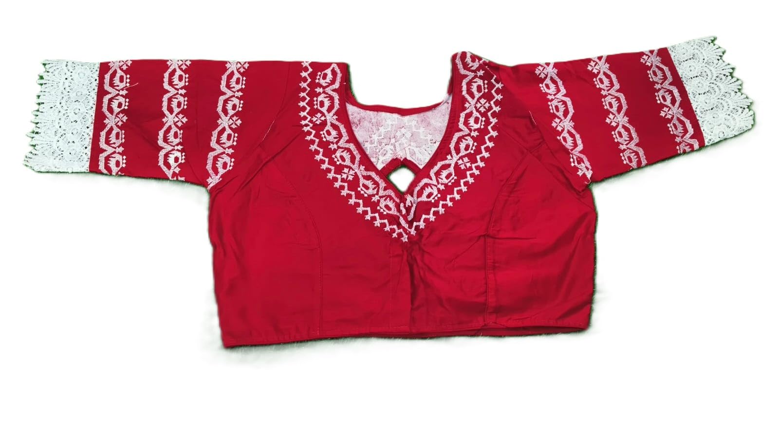 purnima boutique Traditional Leon Lase Embroidered Blouse, Red and White, Cotton, Ethnic Folk Design with Lace Sleeves-picture-26