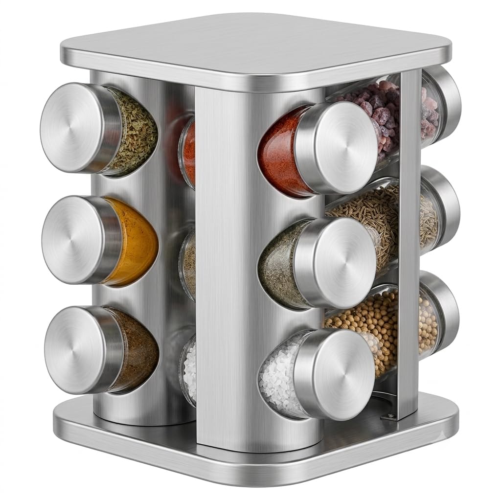 360° Rotating Spice Rack Organizer with 12 Glass Jars | Stainless Steel Spice Rack for Kitchen Countertop | Spice Jar Set with Stand-image-19