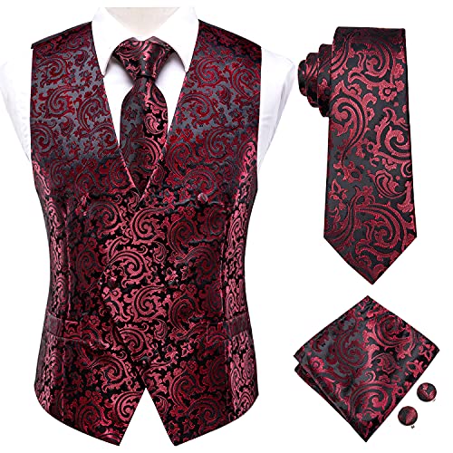 Hi-Tie Men's Silk Slim Fit Suit Vest Necktie Pocket Square Cufflinks Set Tuxedo Waistcoat for Wedding Party Business