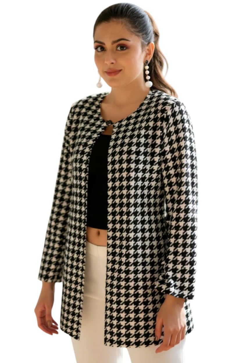 Trendy Black & White Houndstooth Long Shrug for Women