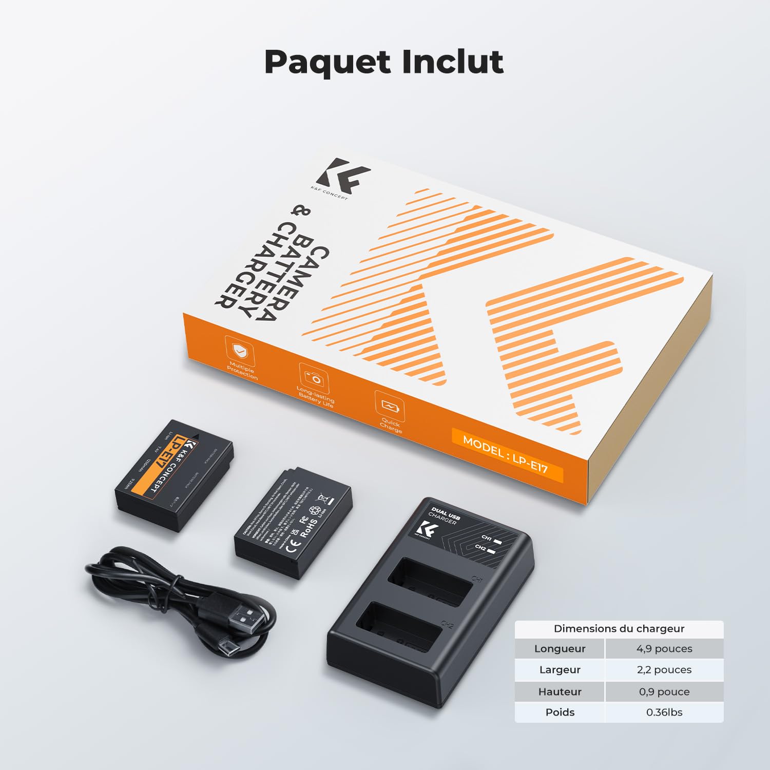 K&F CONCEPT LP-E17 Batterie de Rechange et Chargeur USB Double pour Canon EOS R50 R100 RP R10 R8, Powershot V1, T8i T7i T6i T6s SL2 SL3 M3 M5 M6 200D 750D 760D 800D 8000D