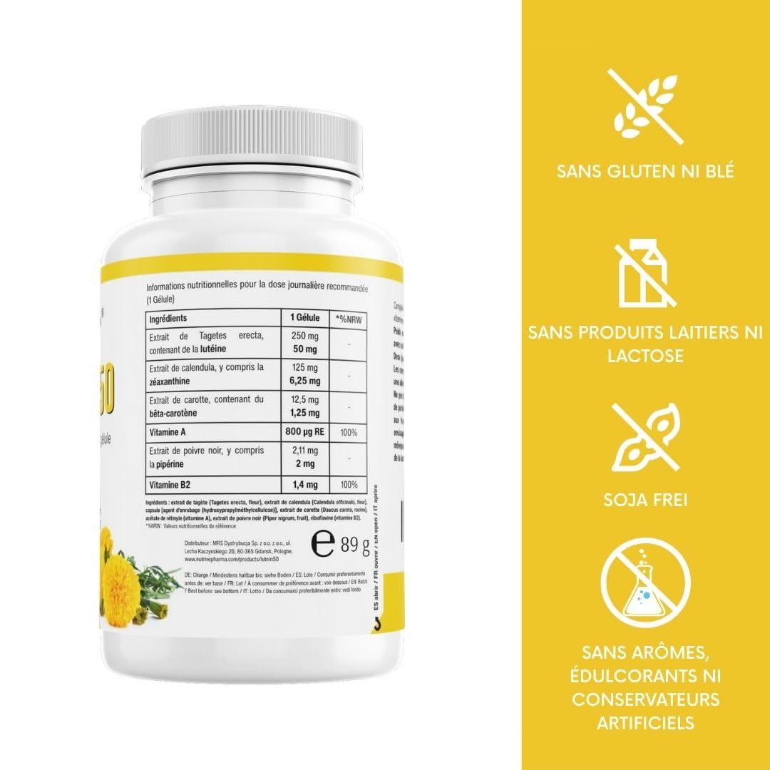 Lutéine 50 mg avec zéaxanthine, bêta-carotène, vitamines A & B2, pipérine | 180 gélules | Santé des yeux & protection contre la lumière bleue | Sans OGM & sans gluten | par nutrive pharma