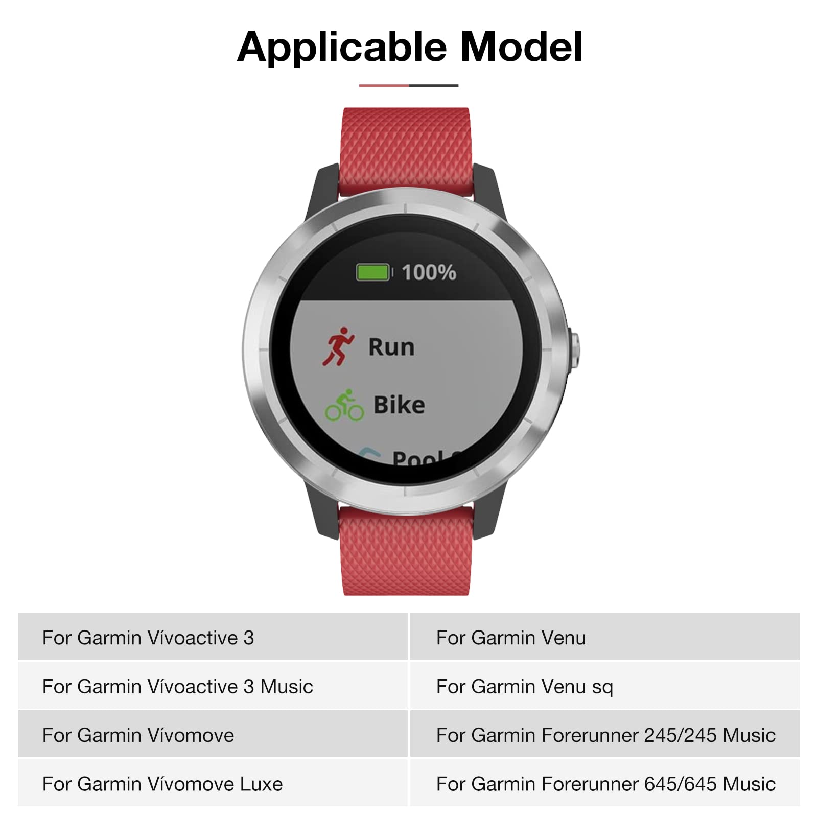 Watch Strap for Garmin Vívoactive 3,20mm Wristband Compatible with Garmin Venu/Venu sq/Vívomove 3/Forerunner 245/645 Music (L, Red) - Image 2