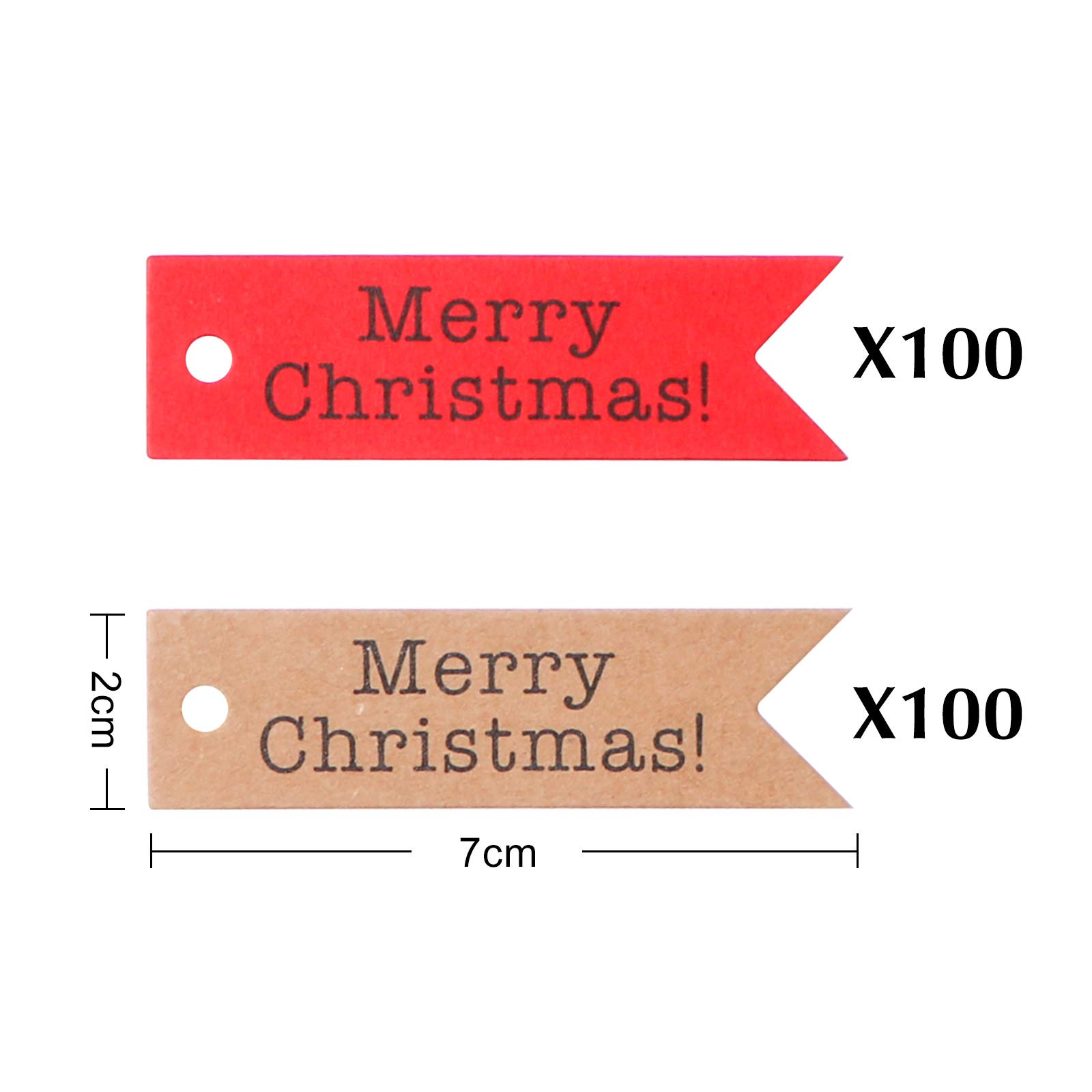 200 Stück Geschenkanhänger mit Aufschrift "Merry Christmas", Mini-Geschenkanhänger, Dekoration, Etiketten mit 180 m Bindfäden für Bastelarbeiten und Partys zu Hause (100 rot + 100 braun).