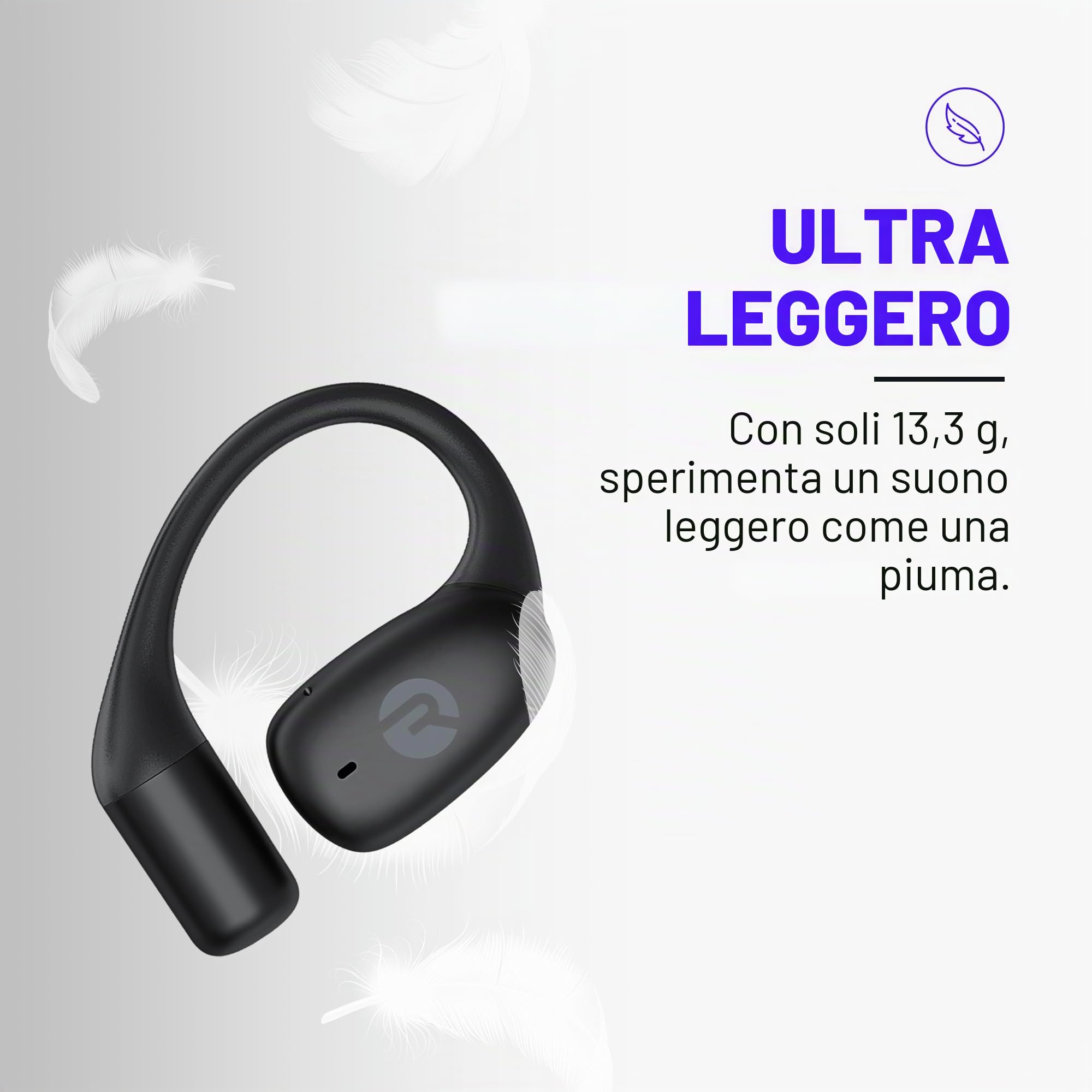 Raycon Essential Open Earbuds – True Wireless Open Ear Bluetooth 6.0 Cuffie, Ultra-Leggero, Comfort Hook Design, IPX5 Resistente all'acqua, 36 ore di durata della batteria (viola)