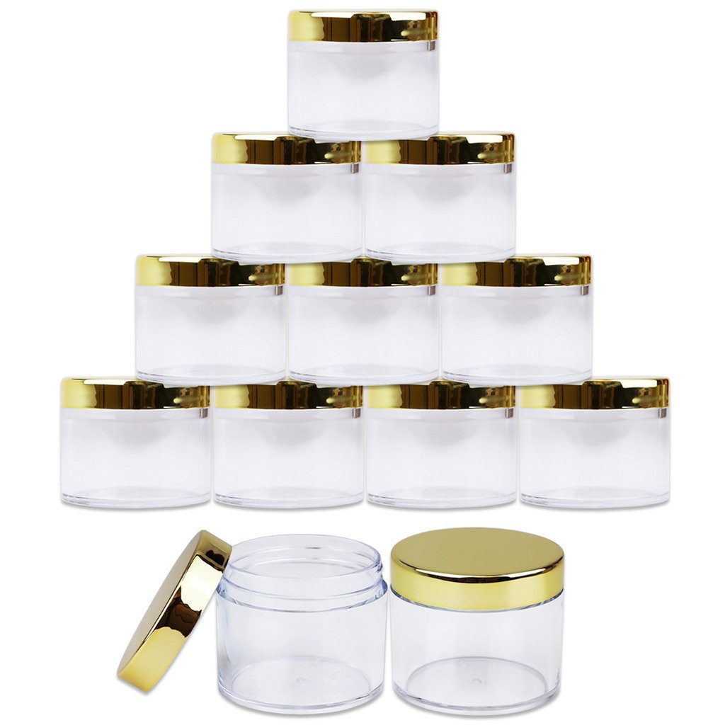 Beauticompana Beauticom 60 Grams/60 ML (2 Oz) Round Clear Leak Proof Plastic Container Jars with Gold Lids for Travel Storage Makeup Cosmetic Lotion Scrubs Creams Oils Salves Ointments (12 Jars)