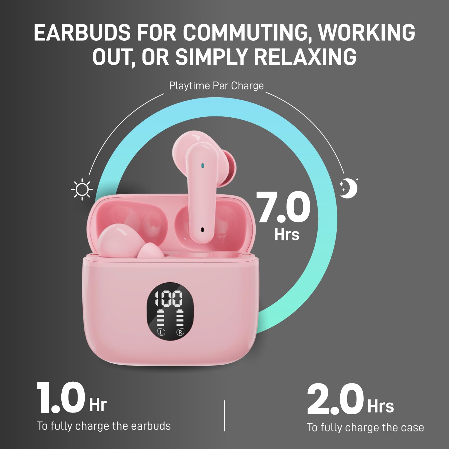 MyJoy Classic Wireless Earbuds, Noise-Reducing Earbuds for Commutes, Workouts, and Listening to Music, IPX5 Sweatproof-rated Headphones, Bluetooth Earbuds, Dual Microphone, 7-Hour Playtime, Pink
