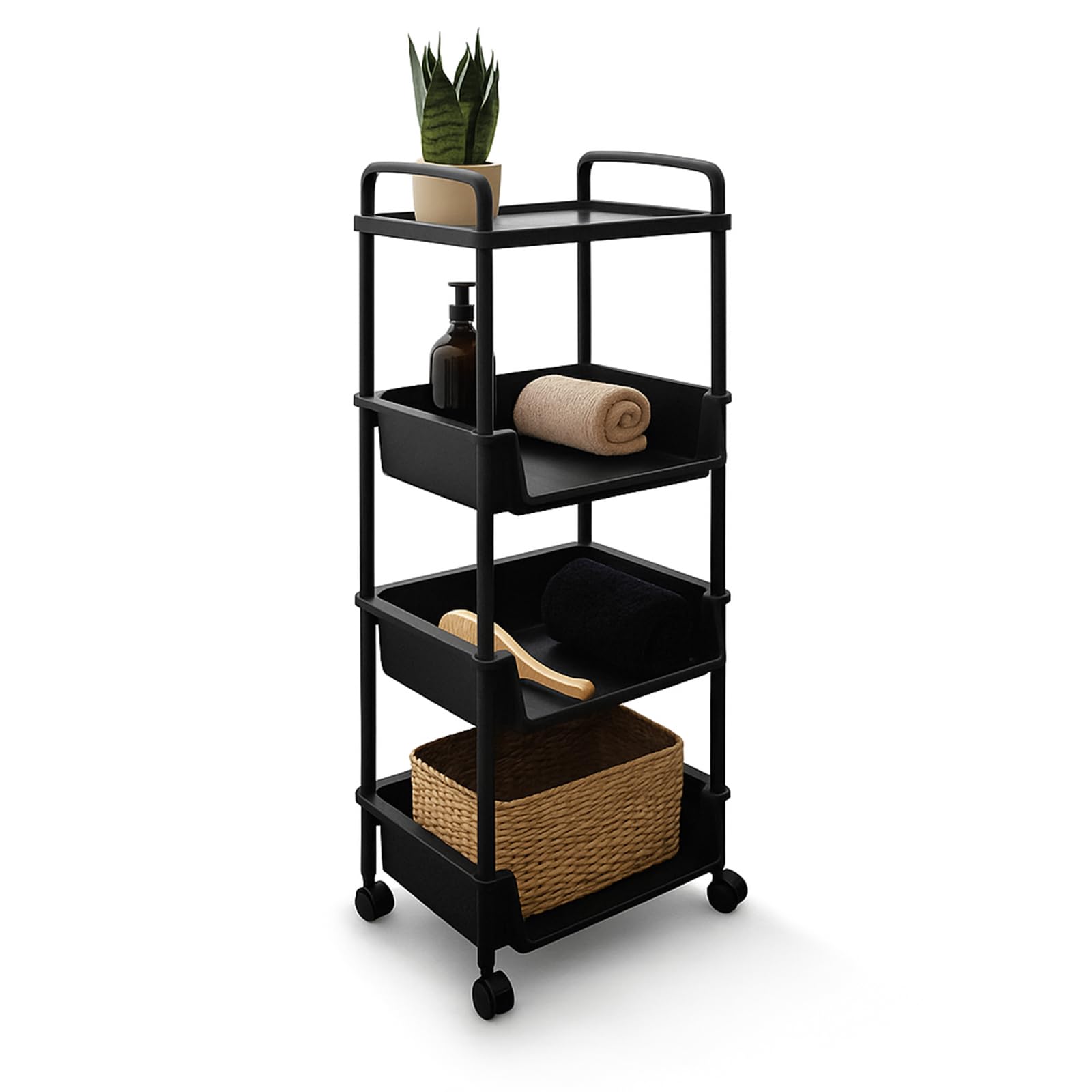 ABBAware Ablagefachwagen mit 4 Ablagen - Regal mit Rollen - 40 x 32 x 100 cm Kunststoff schwarz - kompakter Servierwagen & Küchenwagen - Aufbewahrungswagen für Küche, Bad, Wohnzimmer, Büro