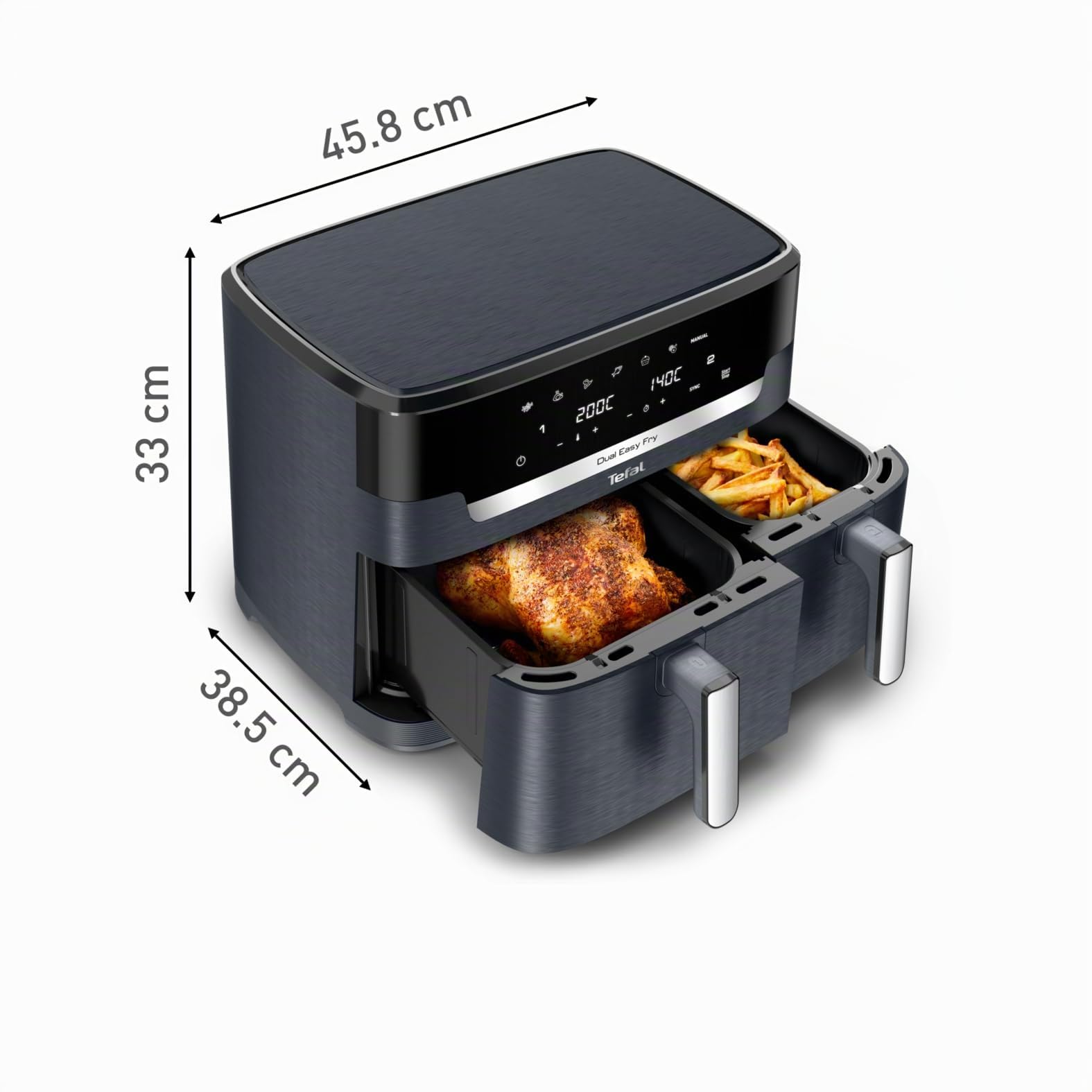 Tefal Dual Easy Fry, Friteuse à air chaud, Double chambre 11L, 6,5L et 4,5L capacité, 2Kg de nourriture, 99% de graisse en moins, 7 programmes automatiques, Gris, EY942BE0
