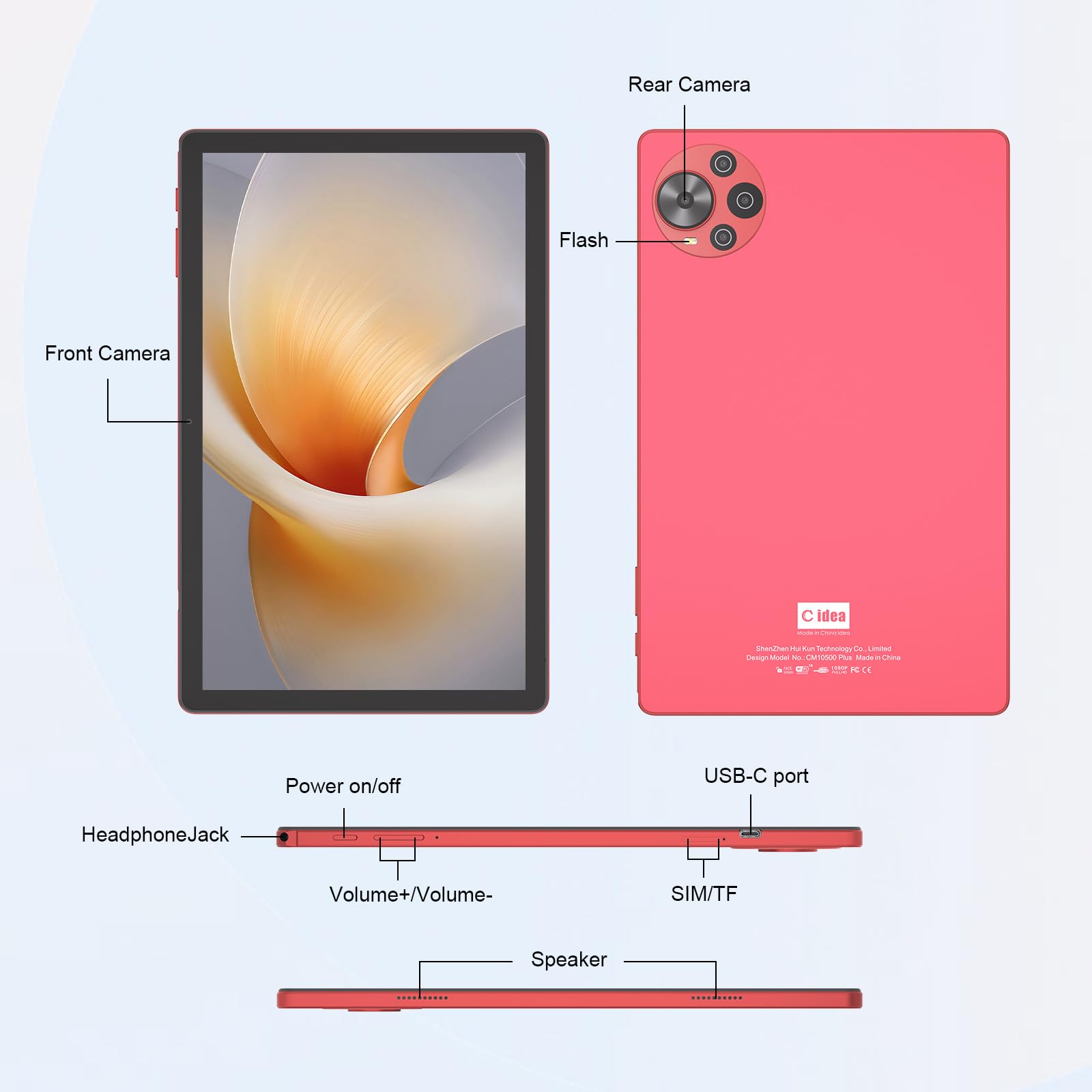 C idea 10.5" Tablet Android 14, 8GB RAM, 1TB Storage, WiFi, Bluetooth, GPS, Dual Camera, Long Lasting Battery Tablet, CM10500Plus (Red)