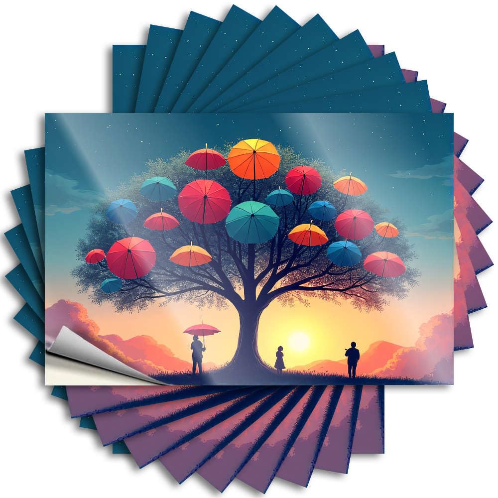 Saying Dorm Door Decorations Peel and Stick - A Tree with Colorful Umbrellas At Sunset. Garage Good Waterproof Vinyl for Motorcross(8X12CM)
