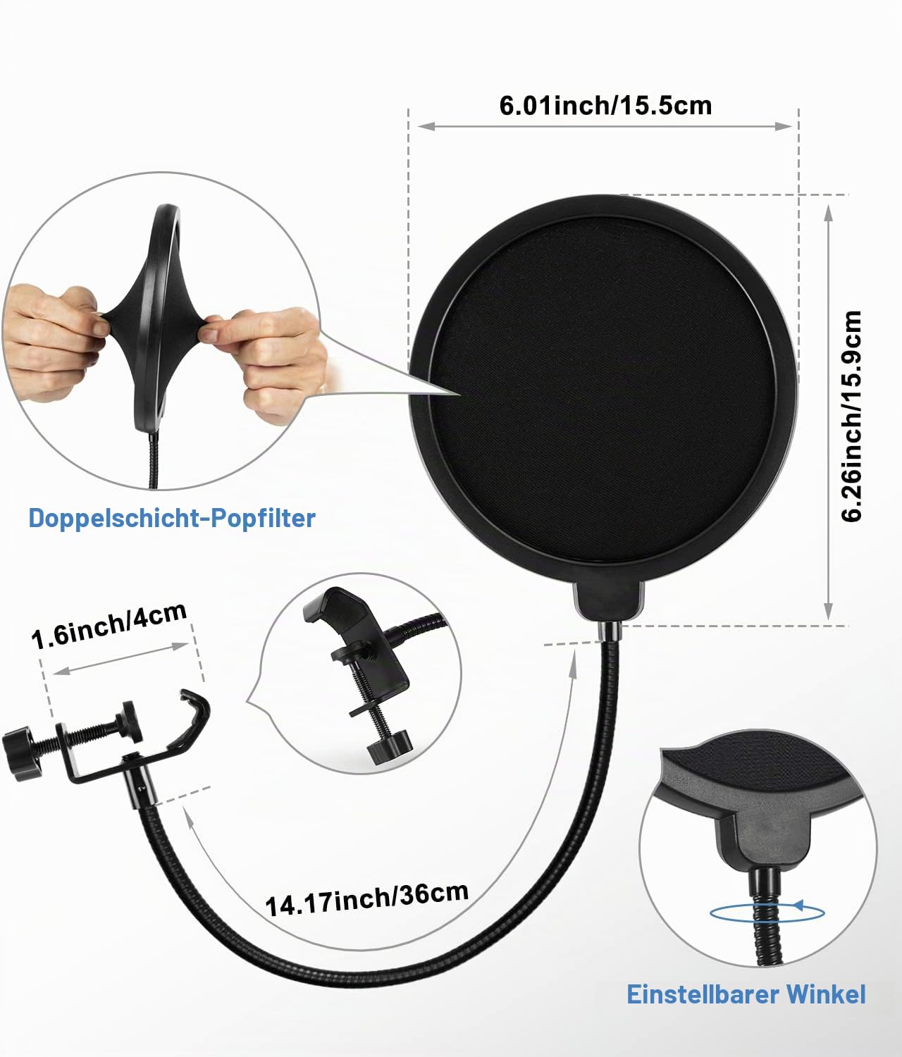 BILIONE Schreibtisch-Mikrofonständer Verbesserter, Verstellbarer Mikrofonständer mit Pop-Filter, Schockhalterung, Mikrofonclip, 1,6 cm auf 0,95 cm Metallschraubenadapter