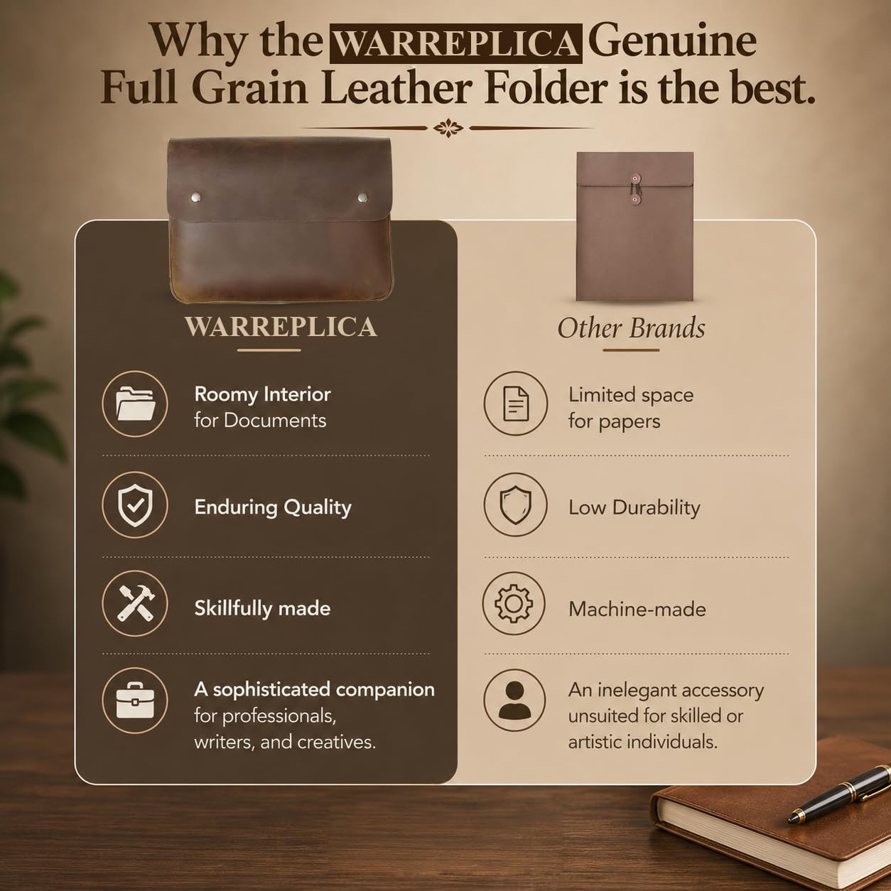 Warreplica Leder-Padfolio, Aktenordner & Dokumentenmappe | Geräumige Leder-Laptoptasche für 13-, 14- und 15-Zoll-Laptops, Tablets & MacBooks | A5-Ordner, Umschlag, Portfolio & Dokumentenhülle