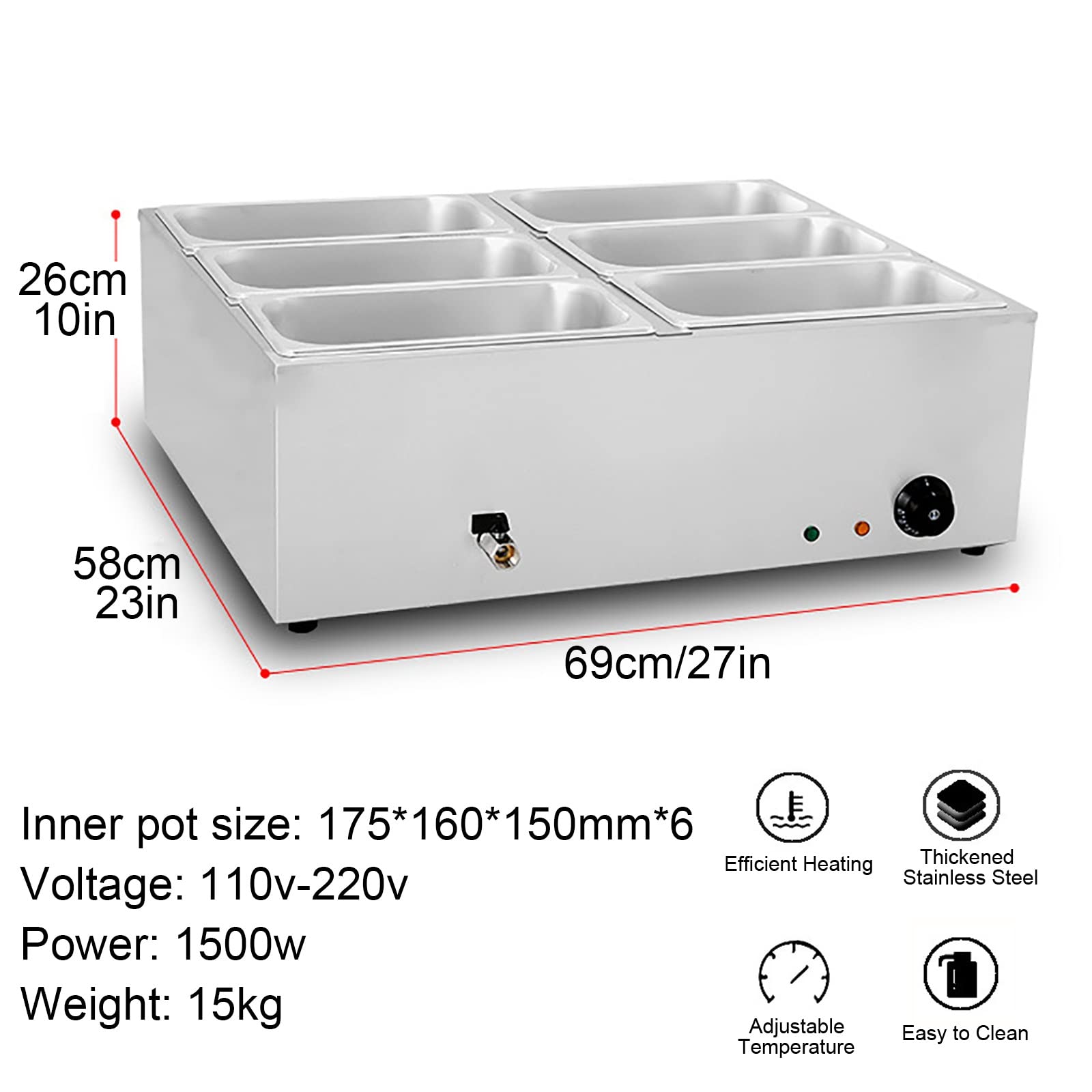 Scaldavivande Elettrico, scaldavivande a Buffet in Acciaio Inox, Tavolo da Vapore, Tavolo da Buffet zuppe, scaldavivande Elettrico con Coperchio ristoranti Catering