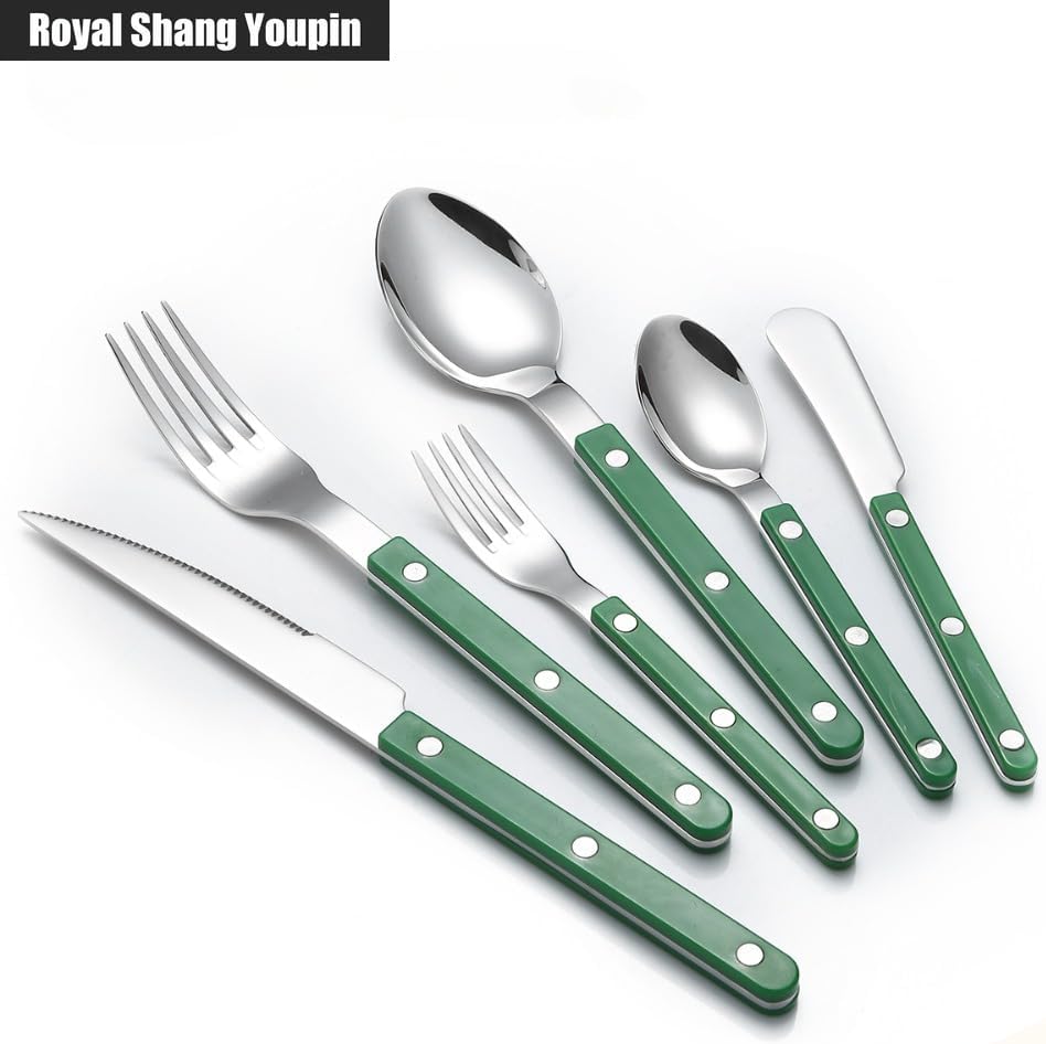 Rivet ABS Clamp Handle Kitchen Stainless Steel Silverware Tableware Flatware Cutlery Set Steak Knife Fork Spoon Teaspoon Western Tableware Butter Knife Set (Green,16 pieces)