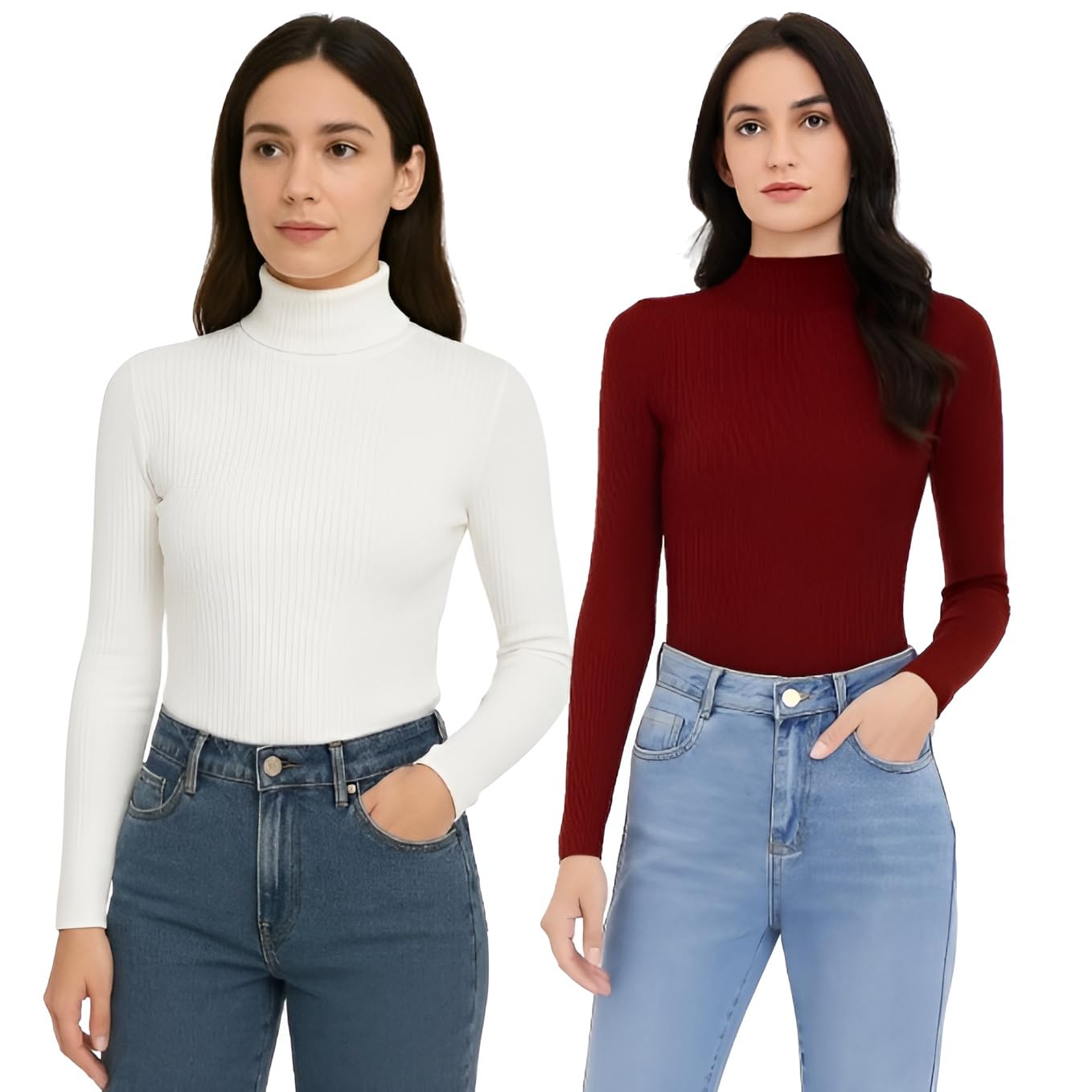 flirty touch Women's Ribbed Turtleneck Sweater, Cotton Blend, Long Sleeve, Classic Fitted Style, Black and White, Winter Casual Wear-picture-38