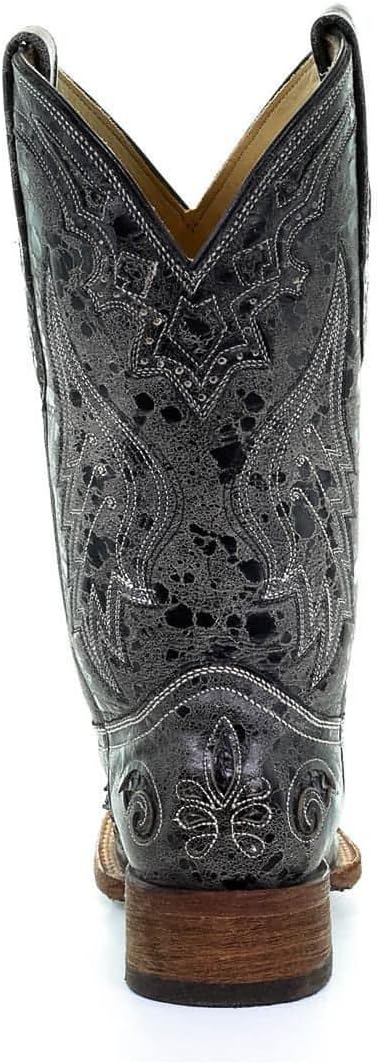 Corral Boots Womens Distressed Embroidered Square Toe Pull On Dress Boots Mid Calf Low Heel 1-2" - Black, Grey