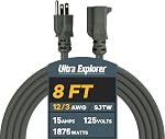Cord d'extension intérieur gris 8 Ft, 12/3 SJTW Corde d'extension robuste étanche avec 3 Prise de courant à la terre 15 AMP Cordon d'alimentation pour pelouse, jardin, appareils résistant au froid, étanche, intérieur & Utilisation extérieure, SJTW, 15A 125V 1875W, Gris, ETL Lis