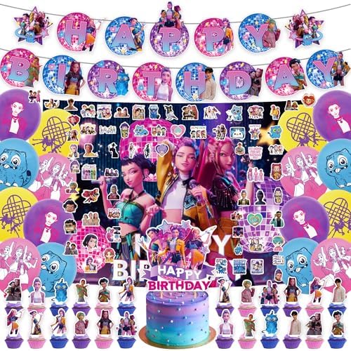 127 Pcs K Pop Demon Hunters Birthday Decorations, Party Supplies Kit with Backdrop, Banner, Cake Topper, Cupcake Picks, Balloons, Stickers for Themed Celebration image 3