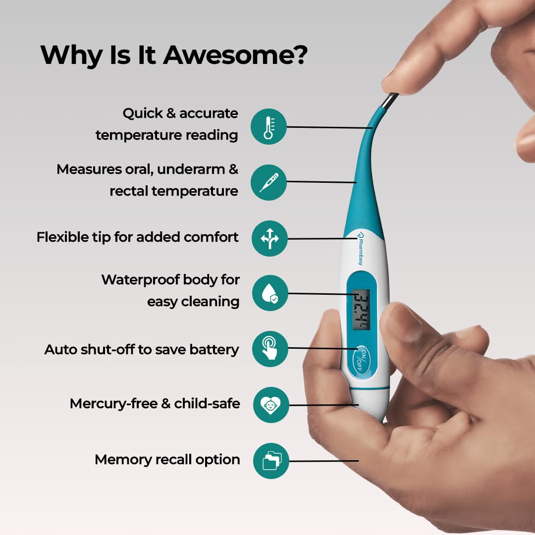 PharmEasy Digital Flexible Tip Thermometer for Fever, Fast & Accurate Temperature Reading in Celsius | Waterproof, Oral & Underarm Use for both Kids & Adults | Ideal for Home Use, Easy-to-Read Screen - Image 2 thumbnail