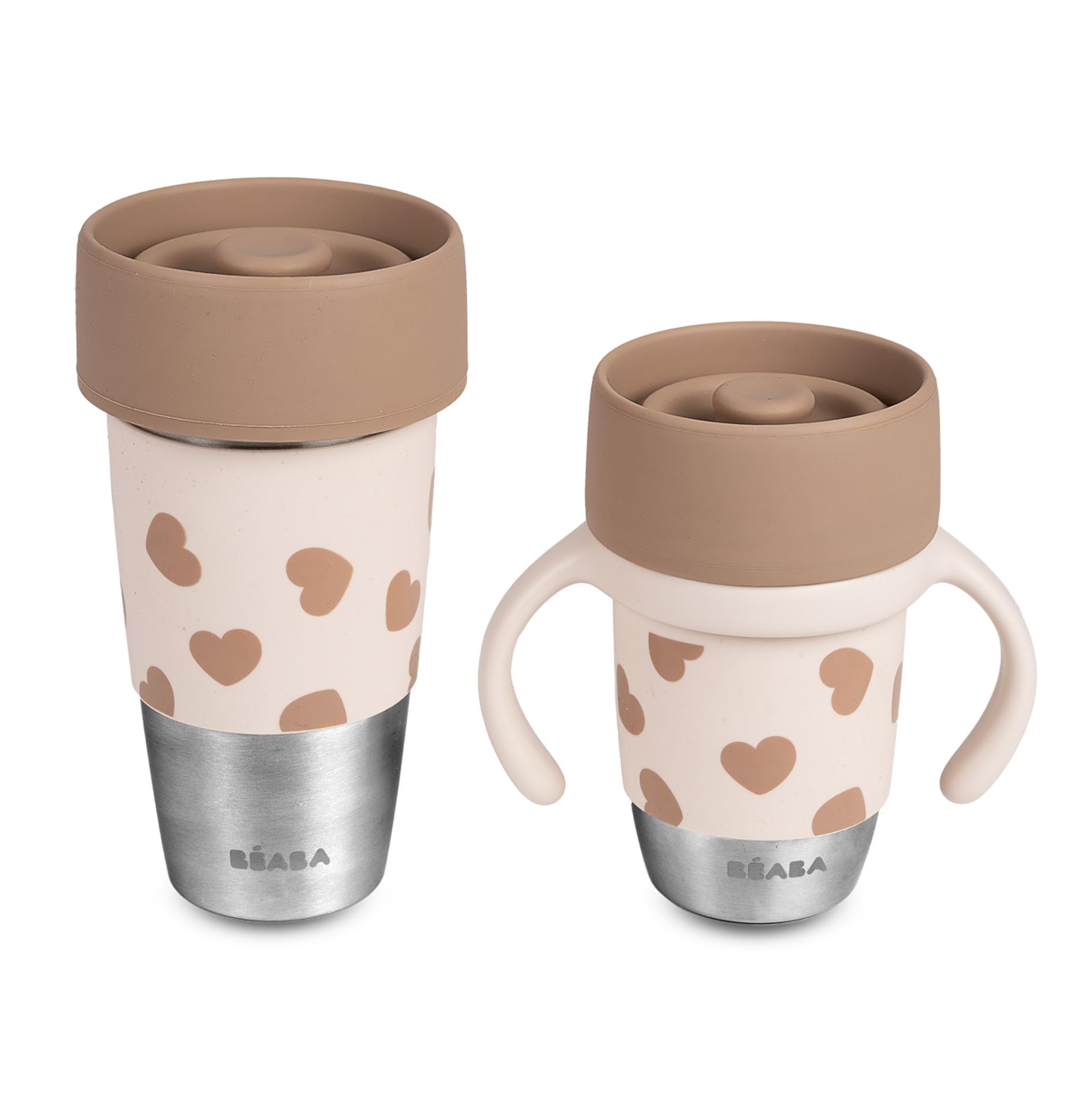 BÉABA Mini & Me, Insulated Mug & Stainless Steel Click & Drink Training Cup Set, Parent & Child Duo, 360° Valve-Free Cup, Leakproof, Evolving Design, 480 ml & 240 ml, Big Love