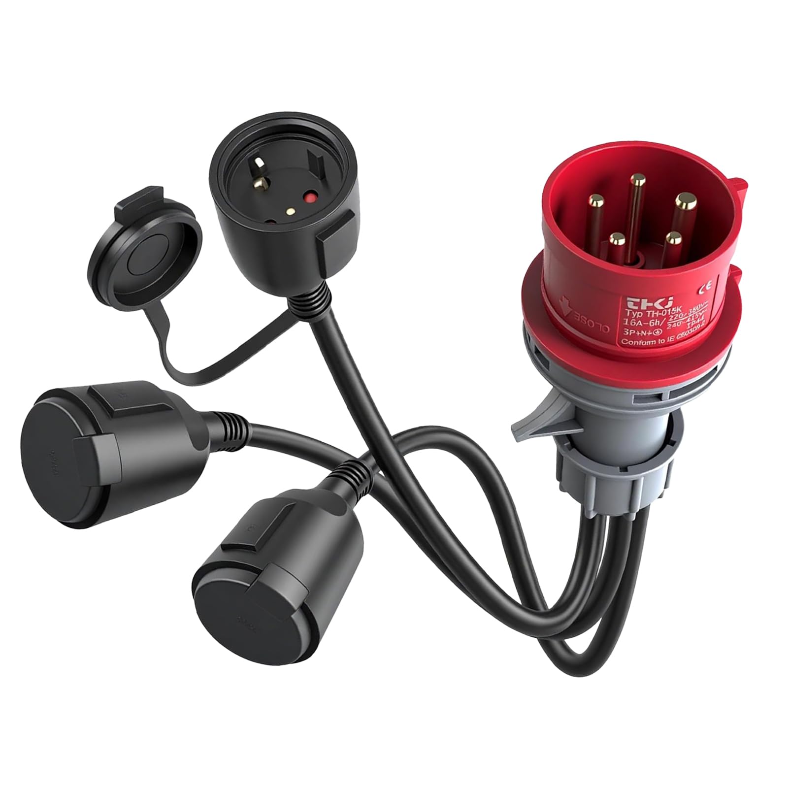 Adaptador CEE Industrial 400V 16A a 3 Enchufes 230V 16A - Transformador para Caravana, Obra, Exterior - IP44 Antisalpicaduras - Cable de Goma Resistente (-25°C a +70°C) para Soldadoras