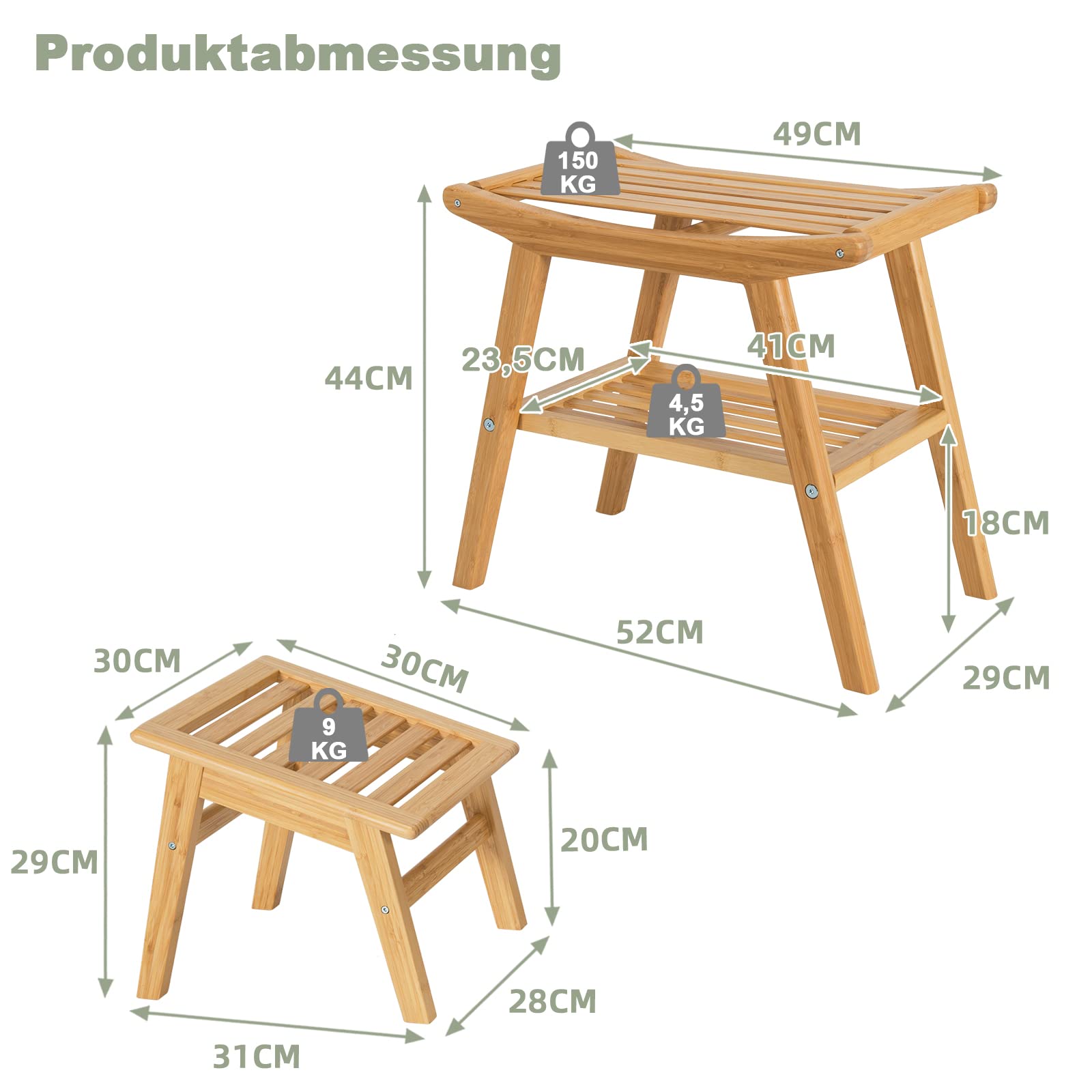 RELAX4LIFE Duschbank mit Fußhocker Bambus, Sitzbank mit Ablage, Badesitz mit Rutschfesten Füßen, bis 150kg Belastbar, Badehilfe für Schwangere & Alte, Natur