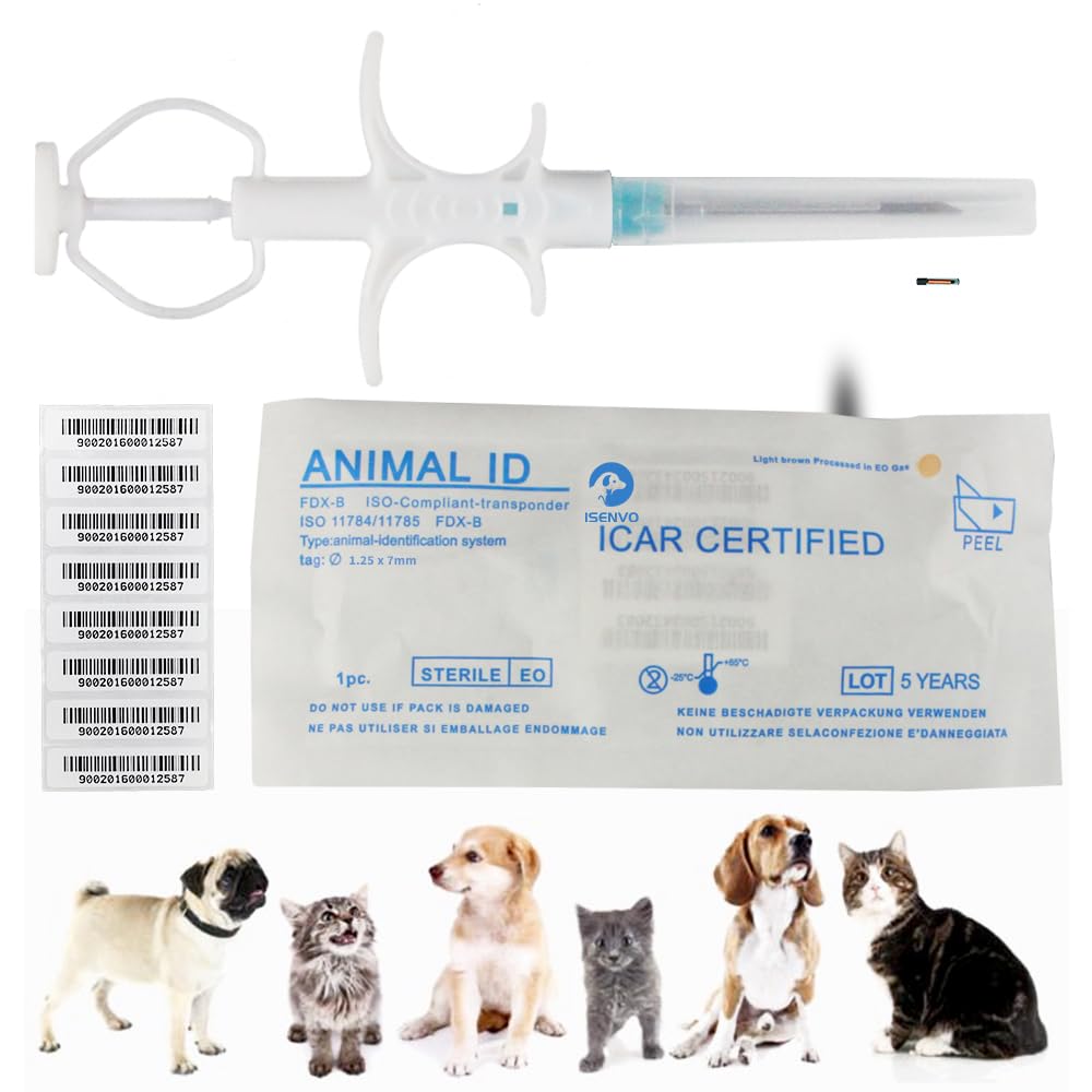 Yanzeo 50 microchip ID per animali domestici, 1,25 x 7 mm, 134,2 kHz, ISO11784/ISO11784/FDX-B, tag RFID, microchip RFID a 15 bit per cani, gatti, maiali, animali da laboratorio, registrazione