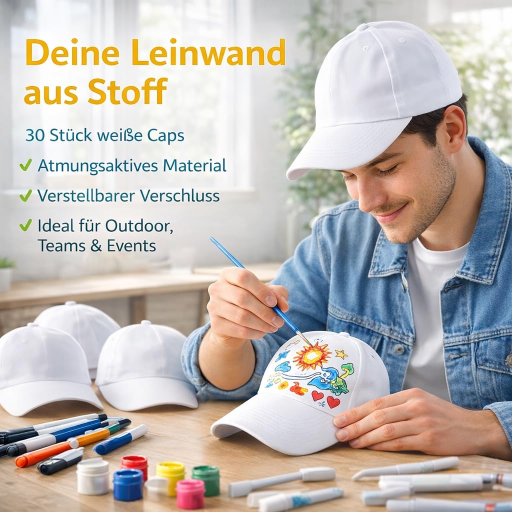 Baseballmützen zum Selbermachen, weiße Malereikappen, blanko, verstellbare Polyester-Kappen für die Kleinen, Outdoor-Sportmützen für Camp, Gruppenveranstaltungen, Bastelprojekte, 30 Stück