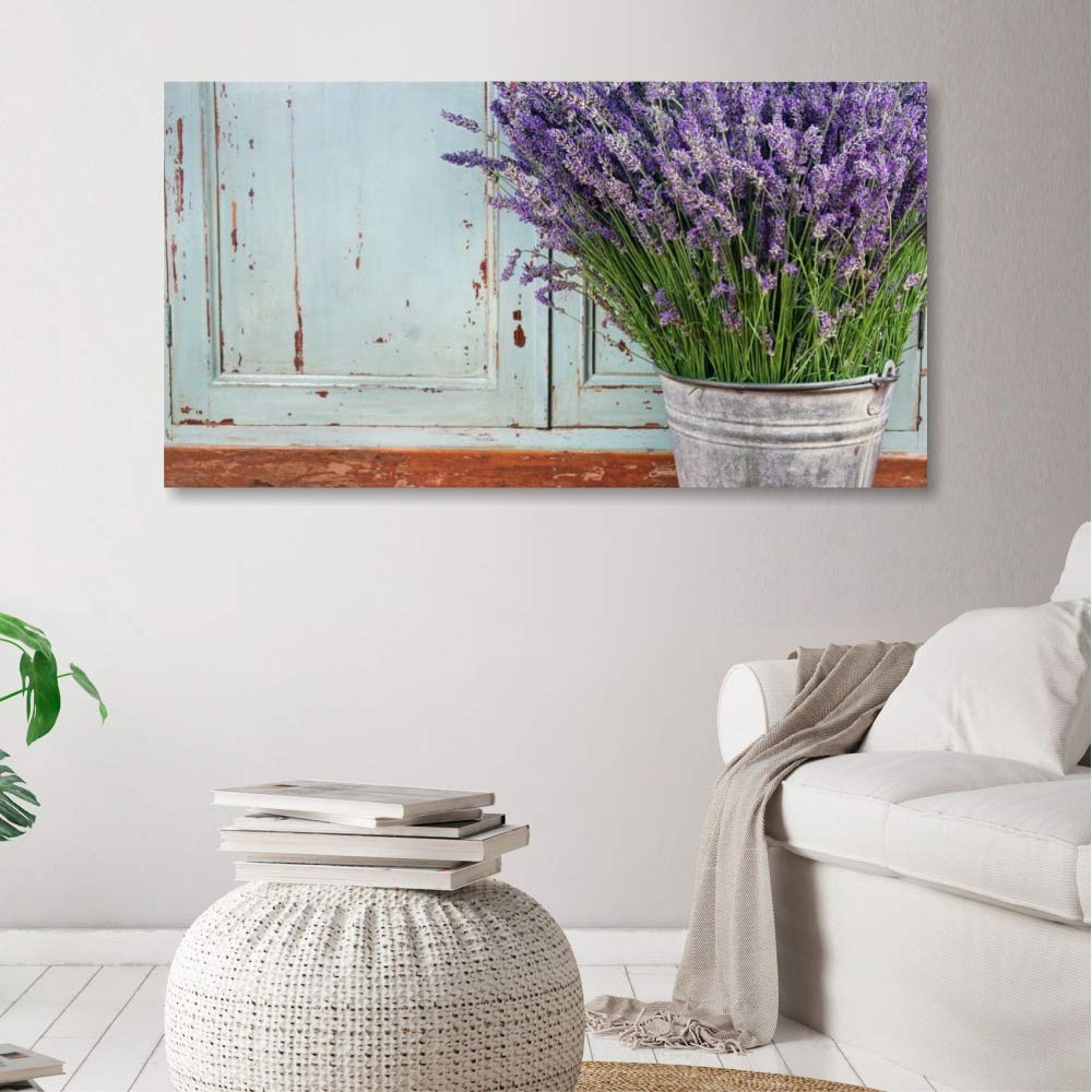 Quadri L&C ITALIA Fiori Vintage 5 - Quadro Moderno Shabby Chic Lavanda per Cucina Soggiorno Bagno 90 x 45 Stampa su Tela da Parete Viola Provenzale Viola Lilla