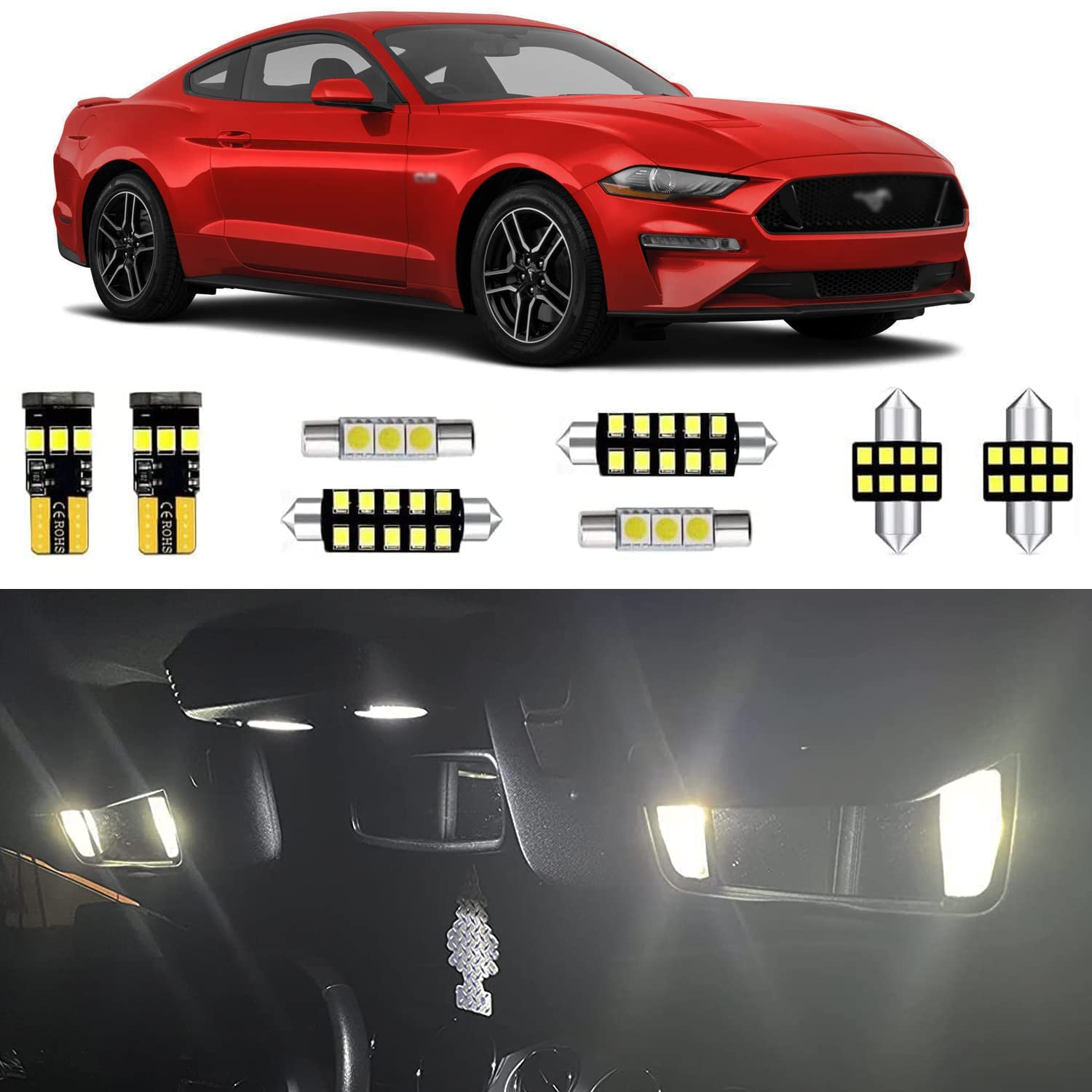 8pcs Interior LED Lights Replacement for 2015 2016 2017 2018 2019 2020 2021 Ford Mustang 6000K Super Bright White interior Map Dome LED bulbs package + Installation Tool