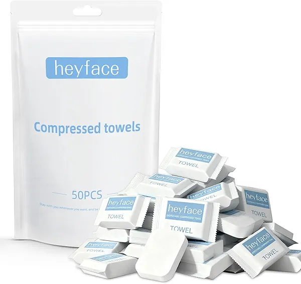Heyface Compressed Towel Tablets for Travel, 11.8”x11” Extra Large Size, Soft Disposable Face Towel, Portable Disposable Washcloths for Travel, Camping and Hiking, Individual Packaging (50 Count)