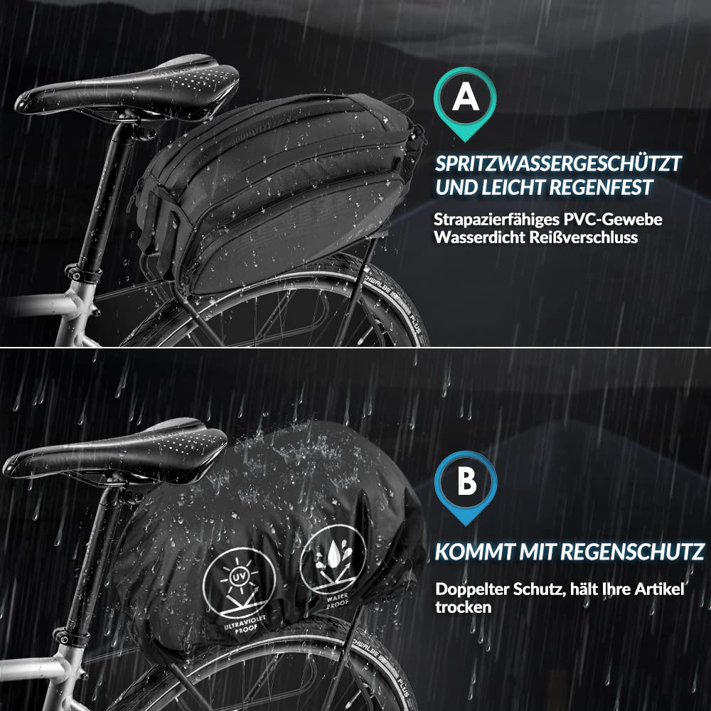 Eyein Fahrradtasche für Gepäckträger 12L - Mit Regenschutz - Wasserfest & Reflektierend Fahrrad Gepäckträgertasche als Umhängetasche und Handtasche - Mit Schultergurt und Flaschenhalter
